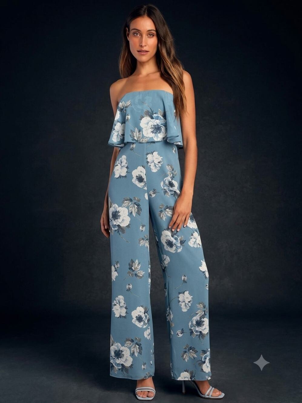 NWT Lulus Finest Florals Blue Floral Print Strapless Jumpsuit. Size M. Ret. $78